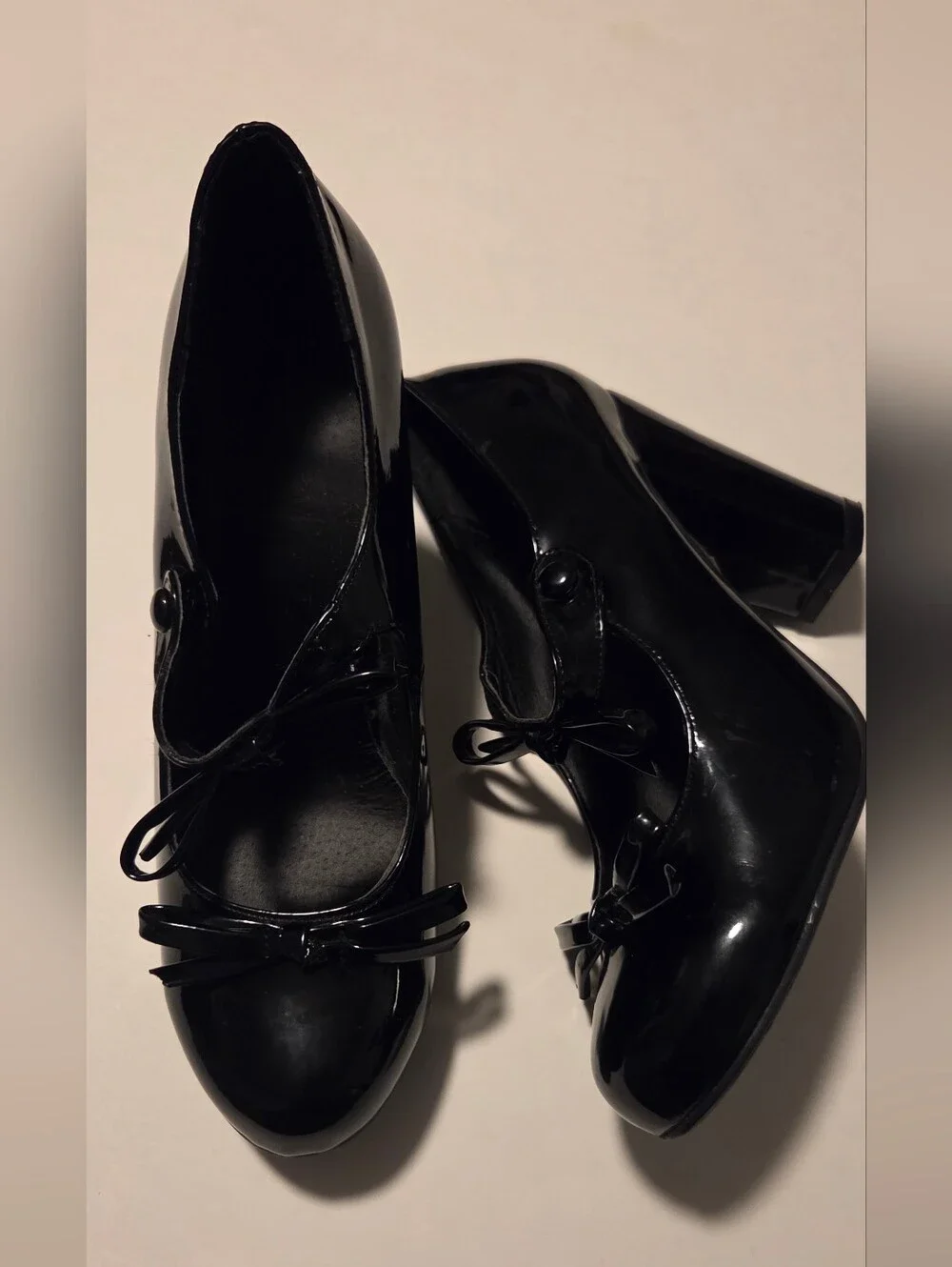 ​Black Patent Mary Jane Heels Women's Size M 7 8 Bow Costume Goth Cosplay GUC